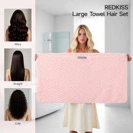 REDKISS 2 Pack Microfiber Hair Towels - Extra Large Hair Towel Wrap for Women, 24x42 inch Pink Hair Towels with Elastic Strap, Super Soft Grey Hair Drying for Long, Curly Anti Frizz Turbans