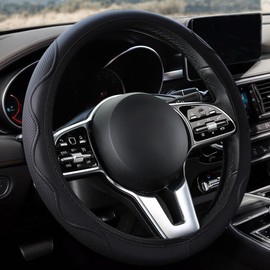 Car Steering Whee Cover, Black Leather Car Steering Wheel Cover with Wavy Line Splice Design, Anti-Slip & Breathable (All Black)