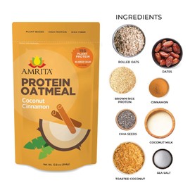 Amrita Coconut Cinnamon Overnight Protein Oats (42oz) | High Fiber, No Added Sugar Oatmeal, Breakfast Cereal, Protein Shakes, Healthy Snacks | Old Fashioned Rolled Oats | Vegan, Non-GMO, Gluten Free, Peanut Free, Soy Free (15 Servings)