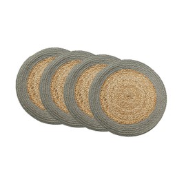 Chardin home Round Verona Woven Jute & Cotton Braided PLACEMAT (Set of 4), Size -15” Round, Color - Natural Jute with Grey Border