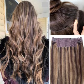 SUNFA Invisible Human Hair Wire Hair Extensions, Wire Hair Extensions, Clip in Wire Hair Extensions,16Inch 80g Balayage Dark Brown to Ash Brown Highlighted Real Human Hair Extensions Flip Clip in Extensions with Invisible Secret Fish Line Layered