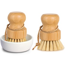 WVSAFV Bamboo Dish Brush, Natural Dish Scrub Brush for Kitchen, Wooden Dish Scrubber, Dish Washing Brush for Dishes, Pots, Pans, Sink Cleaning (Ceramic Dish+ 1P Sisal)