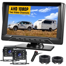 Dual RV Backup Camera Plug and Play, 7'' Backup Camera for Truck Trailer, No Delay, 1080P HD, 2 Channels, 150° Wide Angle, DIY Guide Lines, Night Vision, IP69 Rear View Camera