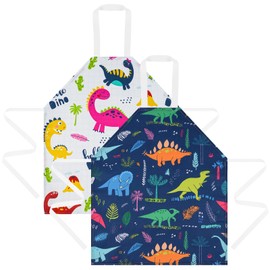 HOTUT 2 Pcs Kids Aprons, Cartoon Style Adjustable Child Chef Aprons, Dinosaur Print Children's Apron for Kids Toddler Painting Baking Artist (White+Blue)