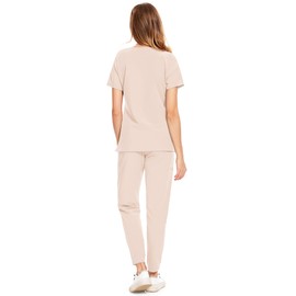 COZYFIT Medical Scrubs for Women Set - Curved V-Neck Scrub Top & Jogger Pants with 8 Pockets - Light Khaki, S, Tall