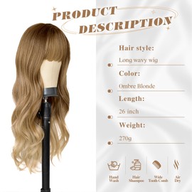 AISI QUEENS Blonde Wig for White Women Ombre Blonde Wig with Bangs Synthetic Fiber Long Wavy Wig for Daily Party Cosplay Use(26inch ombre blonde)