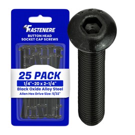 Fastenere Button Head Socket Cap Screws - 1/4-20 x 2-1/4" (25-Pcs) Alloy Steel, Fully Threaded, Fine Black Oxide Finish, Corrosion-Resistant, Machine Thread, Easy to Install w/Allen Hex Drive