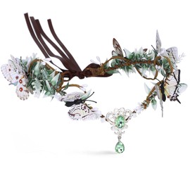 MOSTORY Woodland Elven Headpiece Butterfly Headband Fairy Wings Crown Elf Crystal Hair Wreath Princess Cosplay Accessory Wedding Bridal Renaissance Party Festival Gifts for Women White