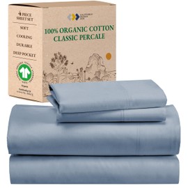 California Design Den 100% Organic Cotton King Size Sheet Set, Percale Sheets, Deep Pocket King Sheets, GOTS Certified Luxury Sheets, King Size Cotton Bed Sheets, Blue Hydrangea Sheets