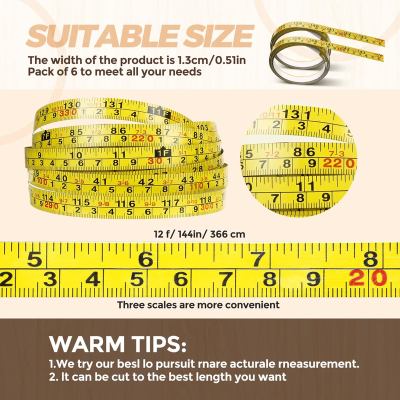 Saysurey 6 Pcs 12 ft Self Adhesive Measuring Tape Adhesive