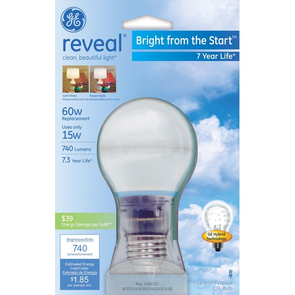 GE 63508 15-Watt 740-Lumen Bright from the Start CFL Light Bulb, Reveal, 1-Pack