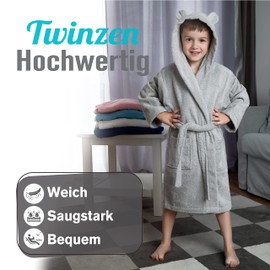 Twinzen Children's Bathrobe for Girls or Boys, 100% Cotton without Chemicals, Oeko-Tex® Certified, 2 Pockets, Belt, Hood with Ears, gray, 9-10 Jahre