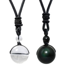 mookaitedecor 2 Pieces Happy Blessing Chakra Beads Polished Stone Necklaces with Pendant for Unisex, Healing Crystals Stone Pendant with Chain Adjustable, Obsidian Crystal Nylon, Pearl