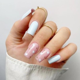 24Pcs Blue Heart Press on Nails Medium Square Fake Nails with Rhinestone Design Luxury Glue on Nails Valentine's Day False Nails Reusable Stick on Nails for Women Valentines Acrylic Nails Supplies Kit