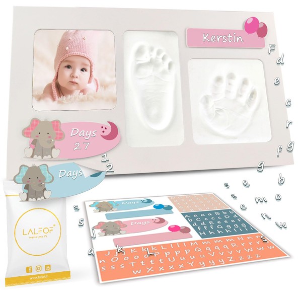 Lalfof Pink or blue picture frame footprint baby with name. Baby footprint set ideal as a gift for children. Baby handprint and footprint clay dermatologically tested. Hand print baby gift