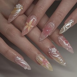 24 Pcs Spring Aurora Press on Nails Short Almond - YEFIUO Pink Nail Tips Acrylic Nail Kit 3D Pearl Charms Flower Nail Art Fake Nails Press ons French Tip Glue on Nails Full Cover False Nails for Women