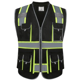 JKSafety 10 Pockets Hi-Vis Zipper Front Black Safety Vest | Cushioned Collar | High Reflective Tapes with Extended Neon Yellow Strips | Meets ANSI/ISEA Standards (5X-Large, 89-Black)