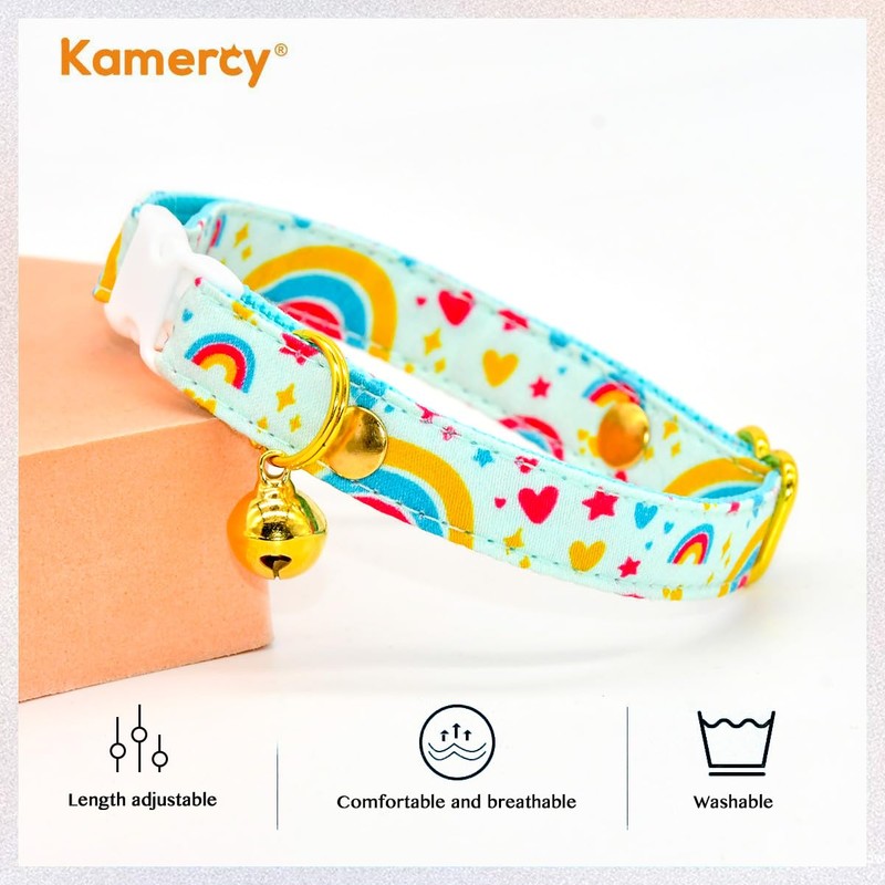 Kamercy Breakaway Cat Collar, Blue Rainbow Pattern, X-Small (8" -