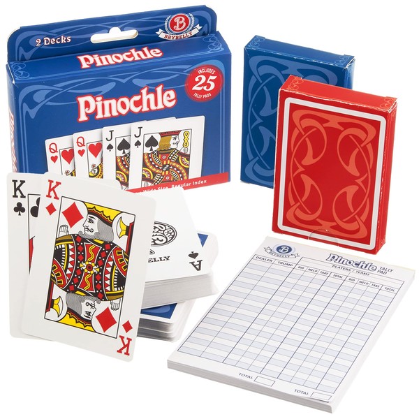 Pinochle Card Game Kit - 2 Custom Specialty Decks of 48 Playing Cards for the Classic Family Melding Game - Includes Two Plastic-Coated Poker-Size, Standard Index Decks + 25 Tear-Away Score Pads