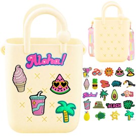 Mini Silicone Tote Bag, Rubber Beach Tote with Adjustable Strap &22 Cute Decorations for Little Girl & Woman