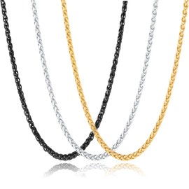 Awrovi 3 Pcs Men Women Chain Necklace, 4mm Stainless Steel Gold Black and Silver Wheat Chains, 18"/22"/26"/30 Inches