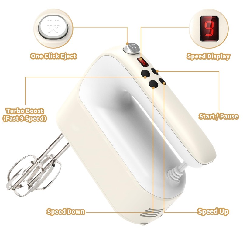 Yomelo 9-Speed Digital Hand Mixer Electric, 400W Powerful DC Motor,