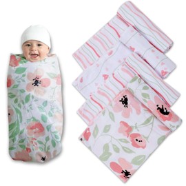 Mother's Choice Baby Flannel Blanket 4 Pack | 100% Cotton Receiving Blanket for Newborn | Lightweight Infant Swaddle Blanket | Soft Blanket for Baby Boy and Girl (Floral Pink)