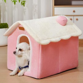 Dog House Indoor Memory Sponge, Foldable Dog House Kennel Bed Mat with Cushion for Small Medium Large Dogs Cats, Winter Warm Cat Nest Puppy Cave Sofa Pet Products (Pink, L)