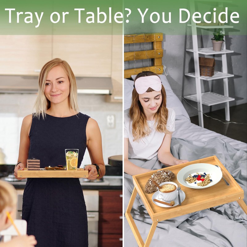 2 Pack Bed Tray Table with Foldable Legs, Bamboo Breakfast