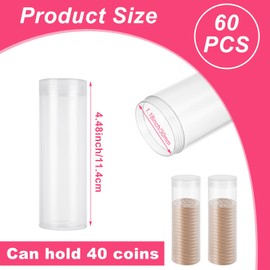 YAYODS 60 Pcs Plastic Coin Tubes, Penny Coin Storage Tubes with Screw-On Caps, Clear Coin Holders for Coins Collection Supplies