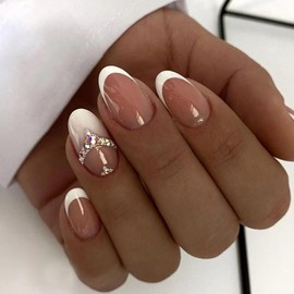 White French Tip Press on Nails Short Oval Fake Nails with Rhinestones Charms Design Gradient False Nails Luxury Almond Glue on Nails Acrylic Reusable Artificial Stick on Nails for Women Girls 24Pcs