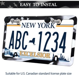 Black American Flag License Plate Frames - 2 Pack Patriotic Matte Gloss Stars Stripe US Flag Stainless Steel Car Tag Frame Holder Covers with 4 Fluttering Flag Valve Stem Caps, Screws Fasteners