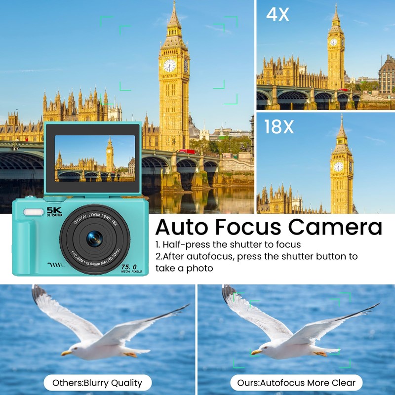 SOPPY 5K Digital Camera with WiFi Transfer, 75MP Vlogging, 18X