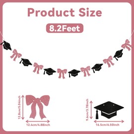 Pink Bow & Graduate Cap Garland - Coquette Graduation Decorations, Class of 2025 High School Graduate Decor Rose Gold Black Glitter