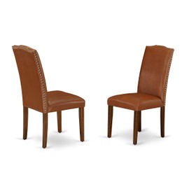 East West Furniture Padded Parson Chair - Luxurious Brown Flaux Leather, Hardwood Mahogany Finish Legs Modern Dining Room Chairs - Set of 2