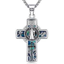 St Benedict Medals Medalla de San Benito San Benito Medalla Mens Womens Crucifix Necklace Pendant Sterling Silver Abalone Shell Saint St benedict Medal for Car