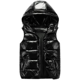 Happy Cherry Boys Puffer Jacket with Hood - Solid Black Cotton Down Vest for Boys 9-10T with Pockets