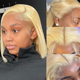 MMFZPHEIR Blonde Bob Wig Human Hair 13x4x1 T part HD Lace Front wig human hair 613 Bob Wig Human Hair 180 Density Glueless Wigs Human Hair Pre Plucked With Baby Hair.(10 Inch)