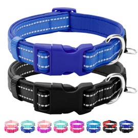 azuza 2 Pack Reflective Soft Neoprene Padded Dog Collars, Adjustable Pet Collar with ID Tag Ring, Safe and Comfy for Medium Dogs,Royal Blue/Black,M