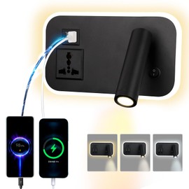 uksunvi LED Reading Wall lamp with Universal Socket, USB Type-C Dual Adjustable Charging Port Switch 12W Rotating Wall lamp with Three Color dimming (Black Rectangle)