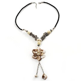 Avalaya Antique White Shell Floral Tassel Leather Cord Necklace/ 40cm Long/15cm Front Drop