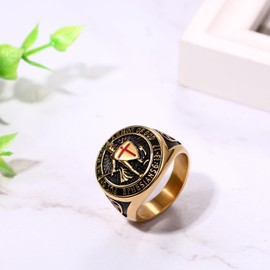 Knight Templar Cross Ring for Men: Stainless Steel Put On The Whole Armor of God Red Cross Amulet Signet Rings Band Jewelry Gifts, Size 8-13, Metal, No Gemstone