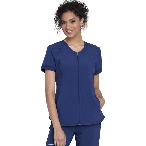 Infinity Women's Scrub Top Zip Front V-Neck Top with 4
