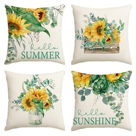 AVOIN colorlife Watercolor Sunflower Throw Pillow Cover, 16 x 16 Inch Eucalyptus Leaves Summer Holiday Party Cushion Case for Sofa Couch Set of 4