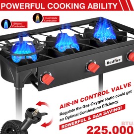 Bestfire 3 Burners Camping Stove for Cooking Outdoor, 225,000 BTU Propane Burners with Ignition wire&Removable Legs, Temperature Control Knobs and 20 PSIG High Pressure Regulator for BBQ