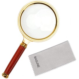 BASUNE 10X Handheld Magnifier, Reading Magnifier Loupe Glasses 10X with Rosewood Handle for Book and Newspaper Reading, Insect and Hobby Observation, Classroom Science (Clear, Plastic Frame)