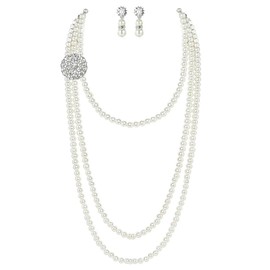 3 Layered Pearl Long Tassel Chain Necklace Earrings Jewelry Set Crystal Cubic Zirconia Flower Button Retro Wedding Cocktail Statement Boho Multi Imitation Beaded Pearl Dangle Studs Earring Jewellery