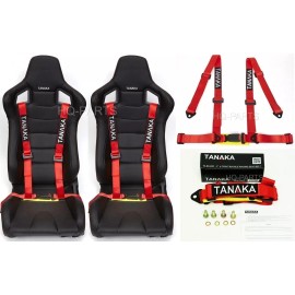 TANAKA 2 X TANAKA UNIVERSAL RED 4 POINT BUCKLE RACING SEAT BELT HARNESS