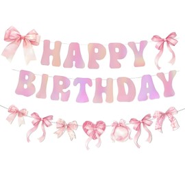 Pink Happy Birthday Bow Garland Banner for Coquette Birthday Bachelorette Party Decorations, Bow Banner Decor for Girl Baby Shower Party Supplies Gift