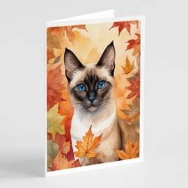 Caroline's Treasures Siamese Cat in Fall Leaves Greeting Cards Pack of 8 Blank Cards with Envelopes Whimsical A7 Size 5x7 Blank Note Cards